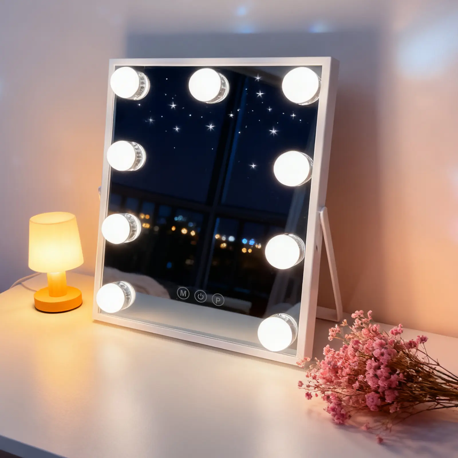 Hollywood LED Vanity Makeup Mirror with 9 Bulbs, 25x30cm, 3 Color Lighting Modes, Stepless Dimmable, Smart Touch Control, Type-C Powered, 360° Adjustable Foldable Tabletop Lighted Mirror for Bedroom Dresser, Gift for Women, adapter is not included