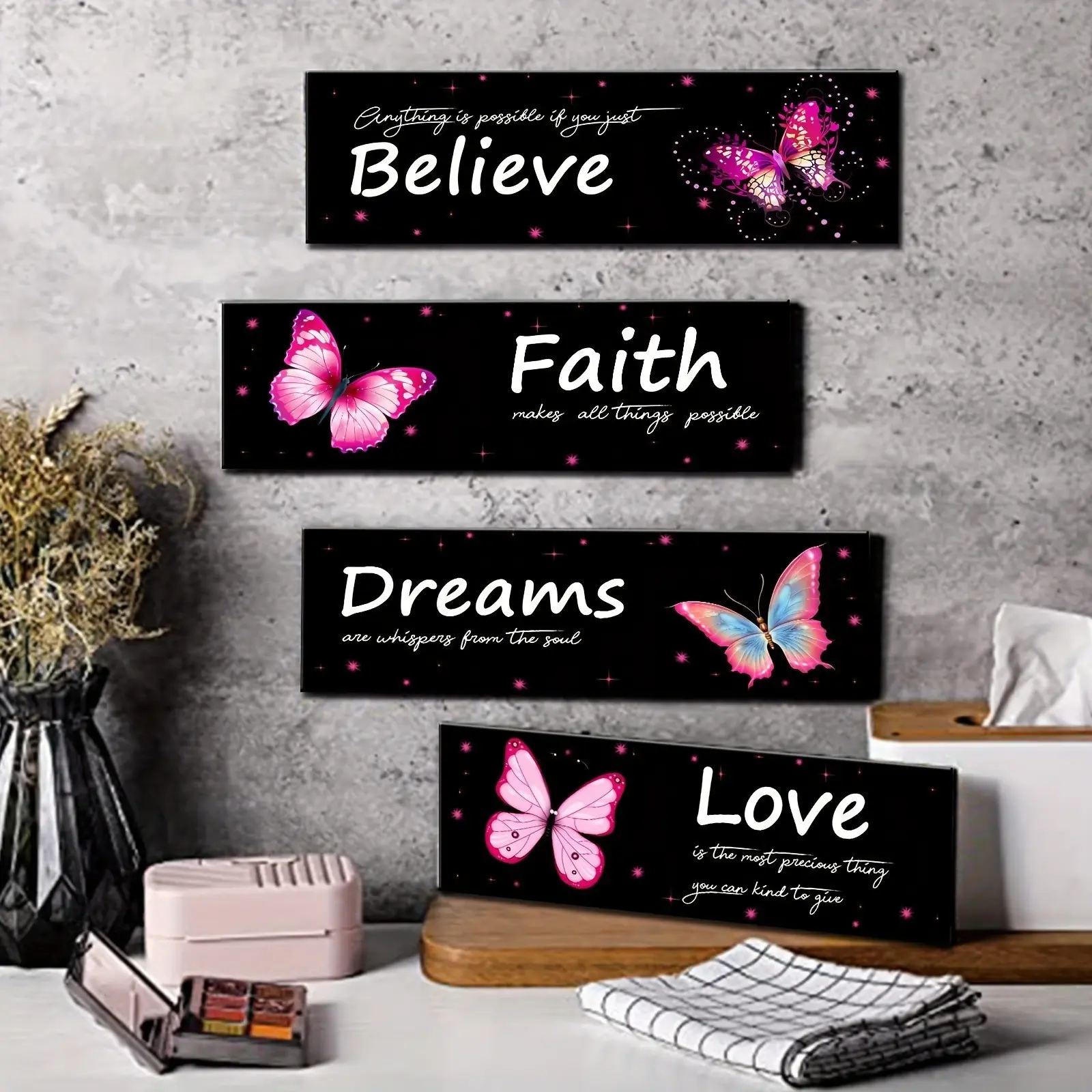 4-Piece Butterfly Wall Decor Set, Inspirational Wooden Plaques for Home Bathroom Living Room, Artistic Rustic Star Wall Art, Motivational Quotes, Inspirational Pattern Print, Aesthetic Wall Decor, Decoration Items