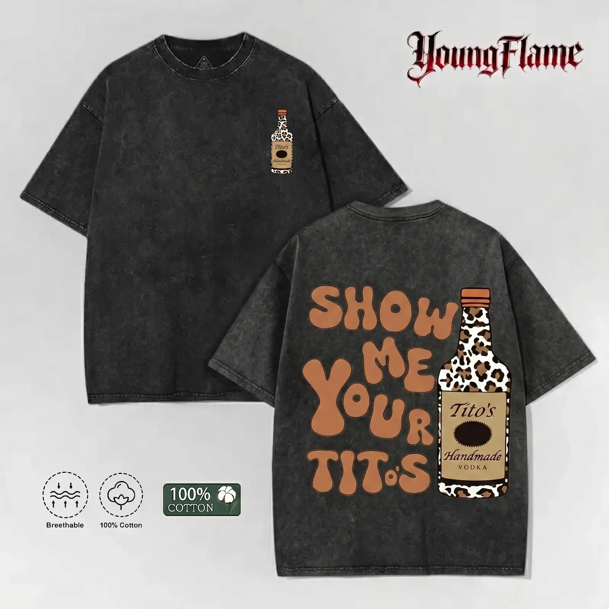 Men's Vintage Acid Wash Graphic T-Shirt, Funny "Show Me Your Tito's" Print, Oversized Breathable 100% Cotton Streetwear Top Casual Outfit