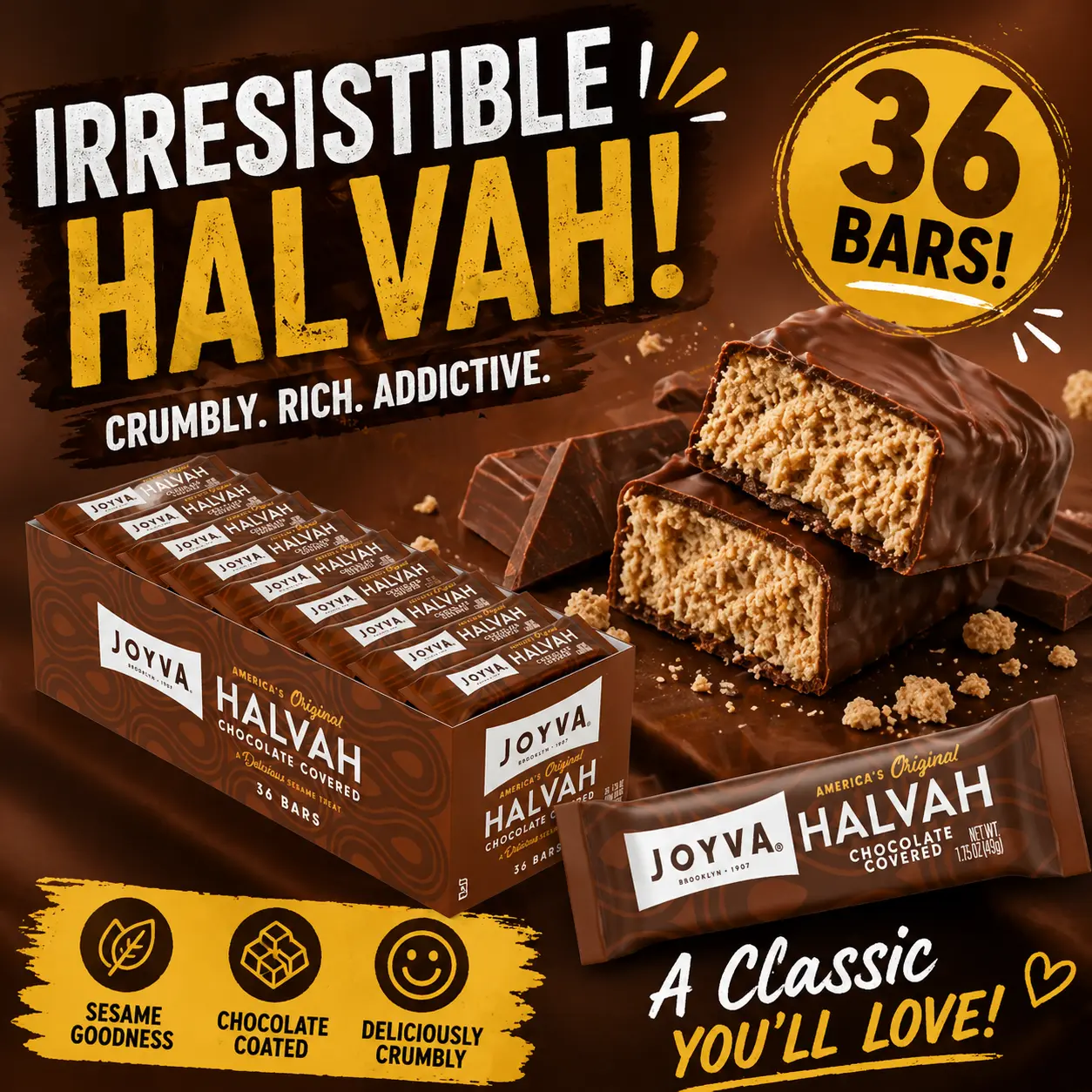 JOYVA Chocolate Halvah Bars 1.75 oz 36 Count  Sesame Candy Bars | Individually Wrapped Classic Middle Eastern Treats