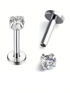 16g G23 Titanium Round Cz Top Internally Threaded Nickle Free Labret Piercing, Silver Color Earring, Flat Back Studs for Body Jewelry