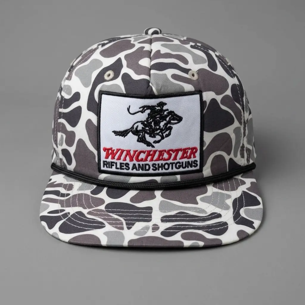Winchester Rifles and Shotguns Camo Snapback Hat Outdoor Hunting Fishing Baseball Cap Grey White Camouflage Rope Hat Vintage Style Western Cowboy Patriotic Headwear Adjustable Trucker Hat for Men