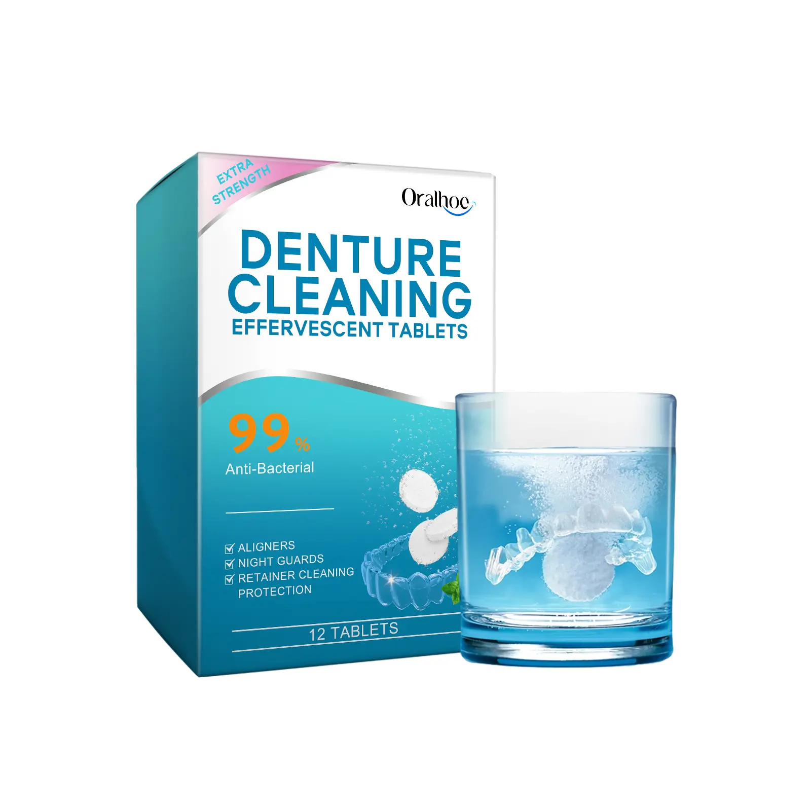 Denture Cleaning Effervescent Tablets: Gently remove stains from dentures for a fresh, clean feel—convenient for daily use and easy to carry.
