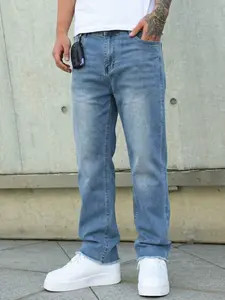 Men's All-Season Washed Vintage Hem Micro Flare Jeans, American High Street Retro Slim Fit Casual Long Pants, Fashion Mid Waist Denim Streetwear