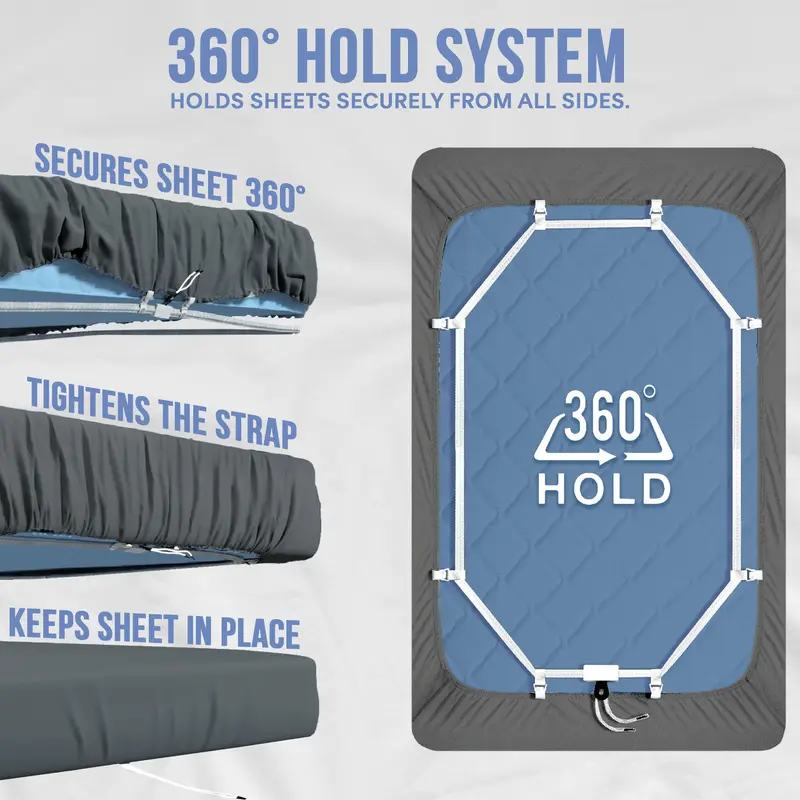 Bed Scrunchie 3-in-1 Adjustable Bed Sheet Straps & Fasteners – 360° Elastic Fitted Sheet Tightener with Heavy-Duty Anti-Slip Clips – Prevent Loose or Slipping Sheets – Universal Bed Sheet Holder for Deep, Extra-Deep, Pillow-Top & Adjustable Mattresses 3