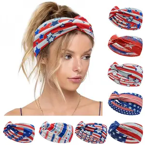 4th of July Patriotic Star Stripes Cross Headband, USA Flag Scarf Head Wrap, Sweat-Absorbent Hairband for Yoga Sports