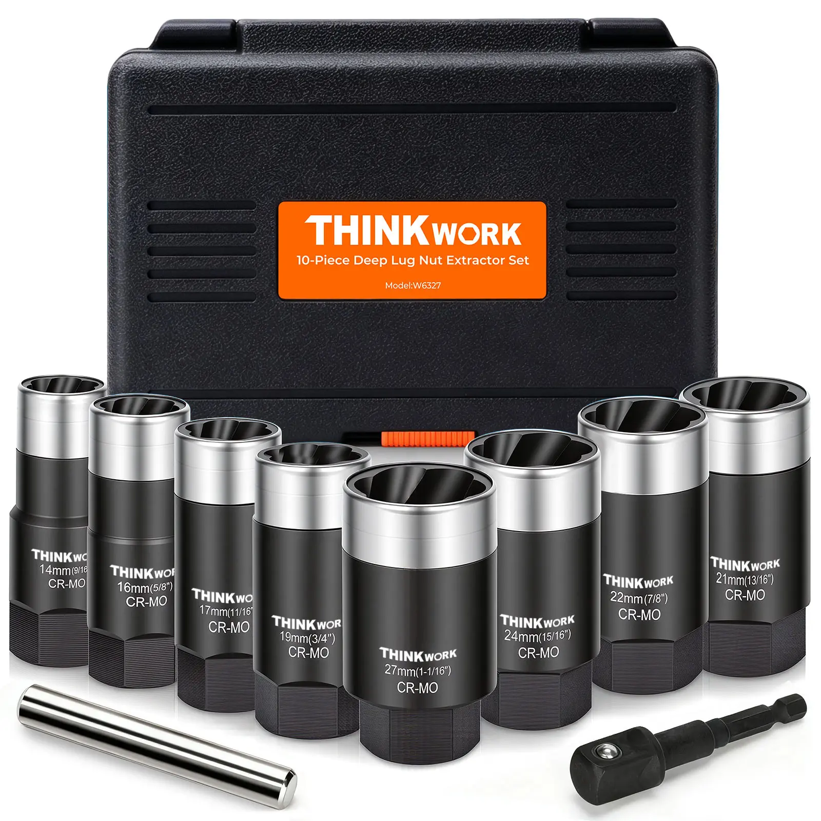 THINKWORK 10PC CR-MO Bolt Extractor Set, 8PCS Damaged Nut Extractor Sockets with Extension Rod & Adapter for Car Repair