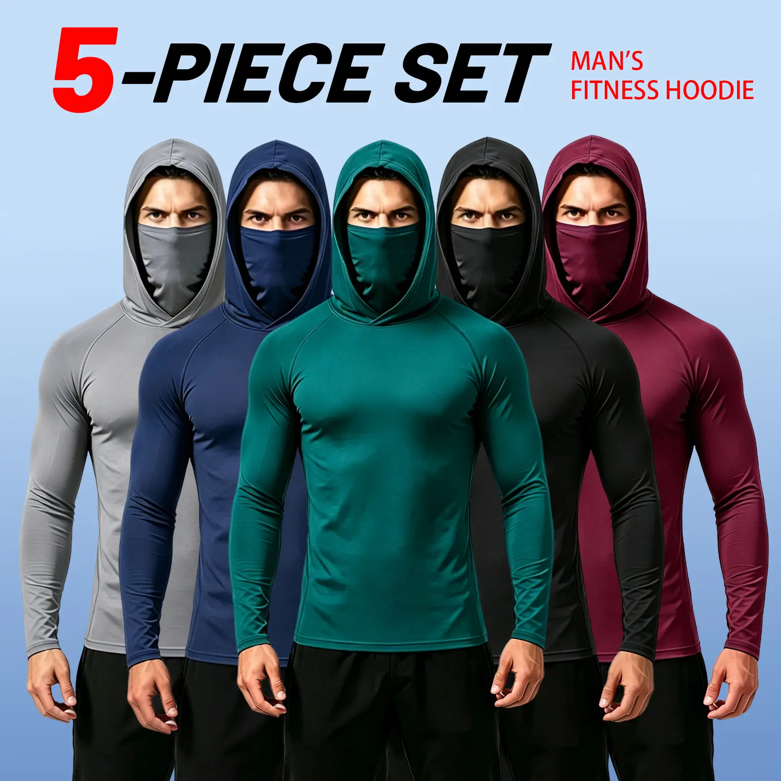 Men's 5-Piece Plain Polyester Casual Hoodie Pullovers with Built-in Mask, Compression Slim Fit Long Sleeve, Lightweight UPF Sun Protection, Soft Breathable, All Seasons, Machine Washable for Fishing, Blue Black Gray, Polyester Clothes backtoschool