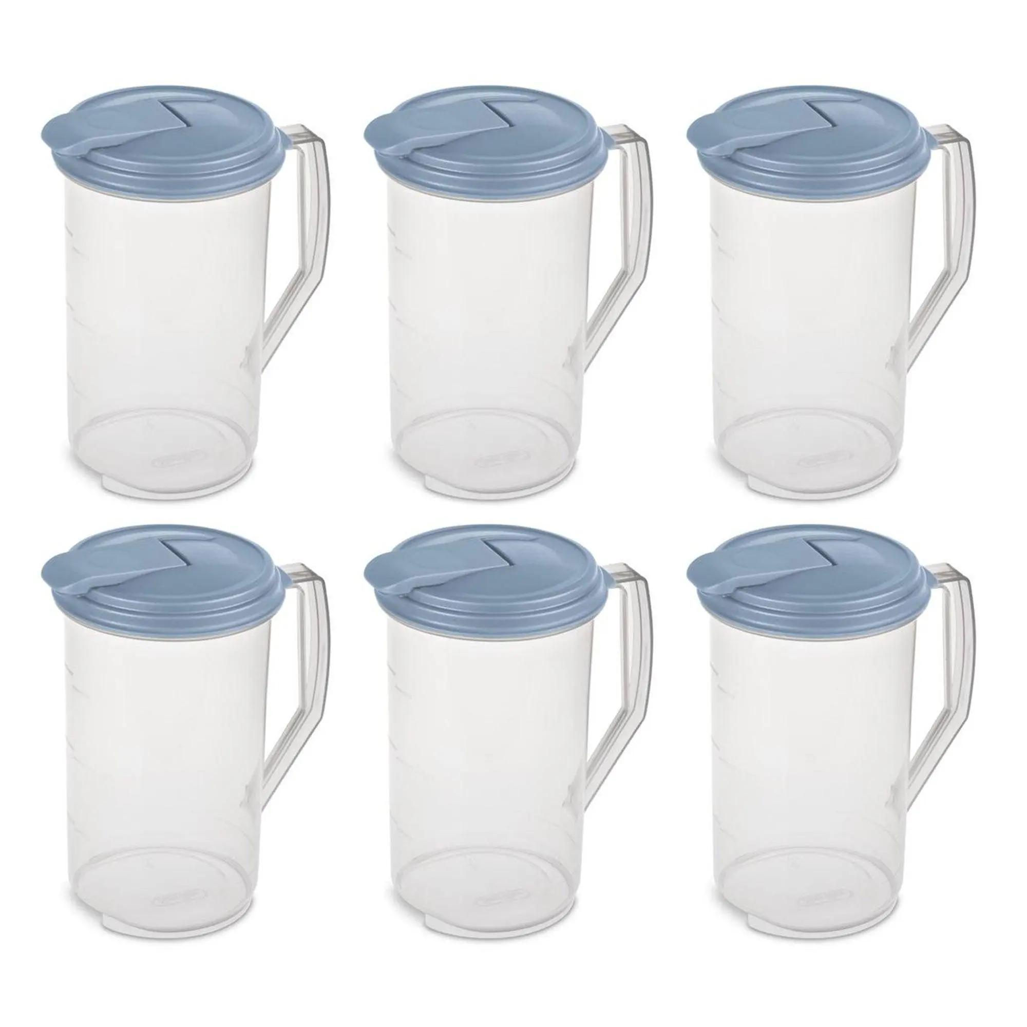 Sterilite 2 Quart Plastic Hinged Pitcher with Comfort Grip Handle, Blue, 6-Pack