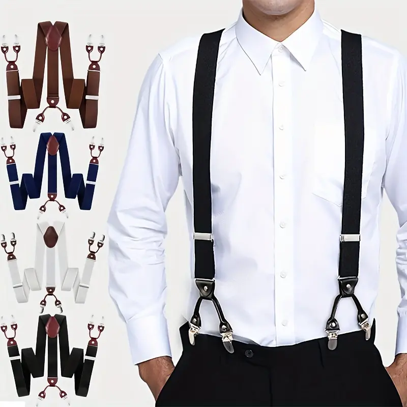 Men's suspenders, suit suspenders Y-shaped PU leather heavy-duty suspenders, with 6 metal clips