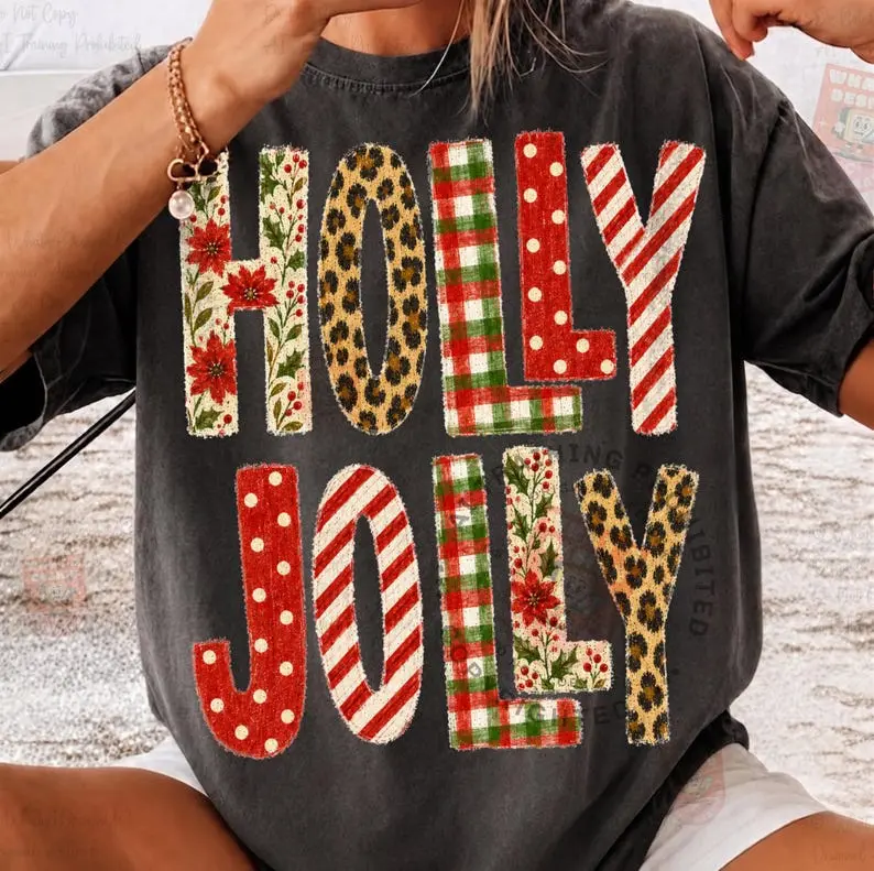 Comfort Colors Holly Jolly Christmas Shirt, Distressed Varsity Merry Christmas Tee, Girly Trendy Holiday Graphic T-Shirt, Retro Xmas Apparel, Festive Gift