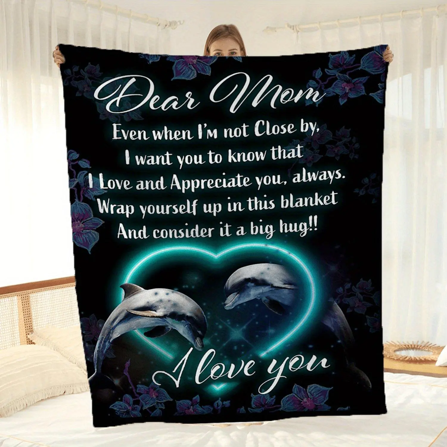 1pc Dolphin Printed Flannel Blanket, To My Mom Envelope Blanket, Warm Cozy Soft Throw Blanket Nap Blanket For Couch Bed Sofa Camping Travel, Best Gift Blanket For Mom