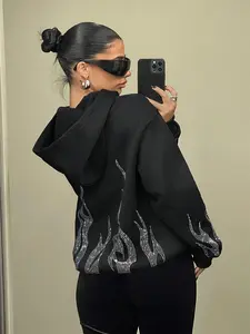 Women's Fire Pattern Zip Up Hoodie, Fashion Casual Long Sleeve Hooded Sweatshirt for Daily Holiday Outdoor Wear, Ladies Clothes for Spring & Fall, Tops, Womenswear