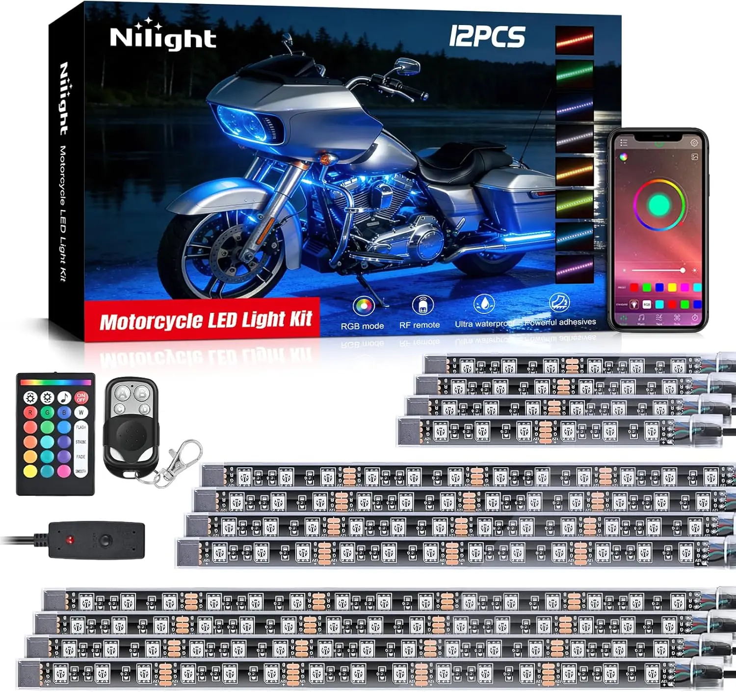 Nilight 12PCS Motorcycle RGB LED Light Kit - Waterproof Multi-Color Neon Accent Strips with APP & Remote Control, Led Car Ambient Light, Harley Motorcycle Accessories