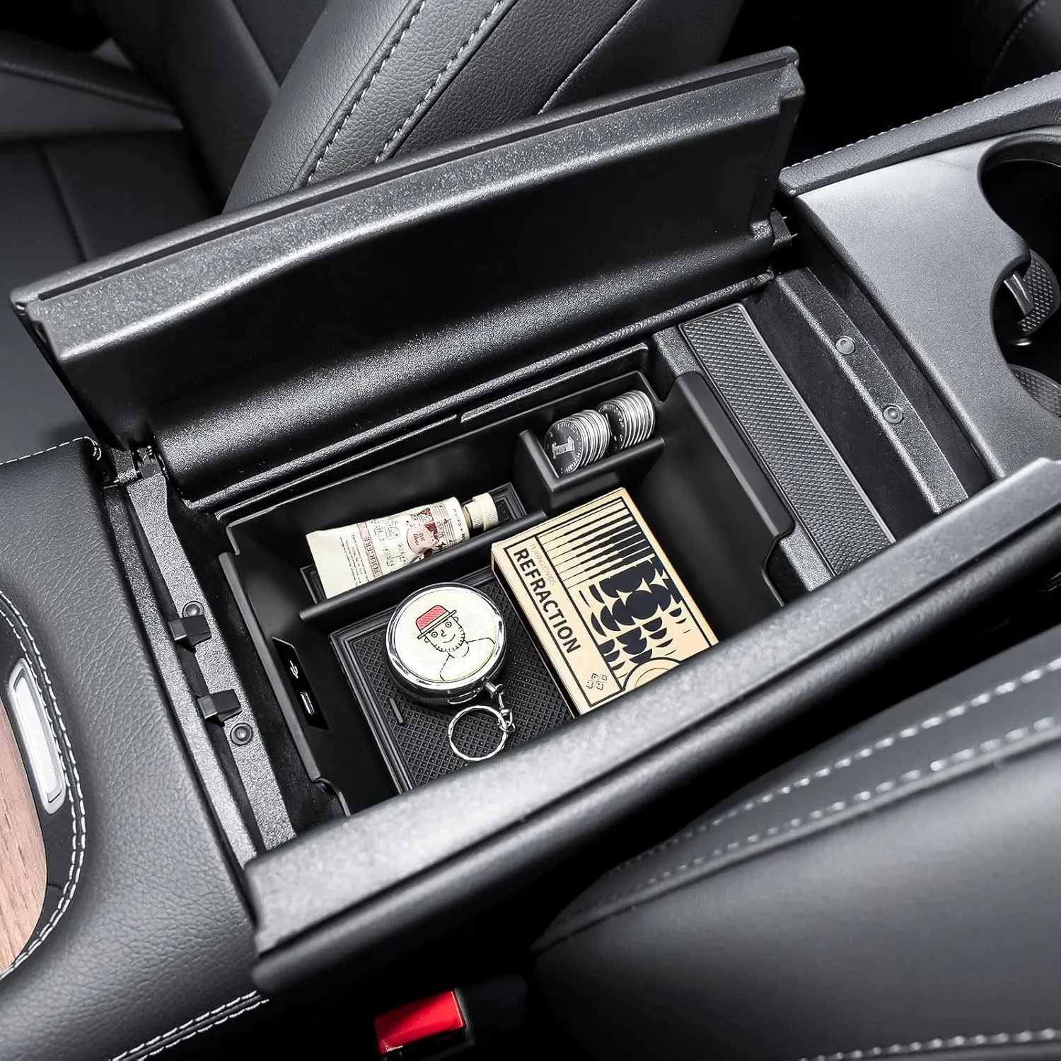 Car Center Console Organizer Tray - Custom-Fit for 2020-2026 Mercedes-Benz GLE W167 (350/450/AMG 53/580) & GLS X167 (450/580/63), Dual-Layer ABS Armrest Storage Box with OEM Finish, Removable Mat, Tool-Free Install & Card Storage, Custom-Fit For Gle & Gls