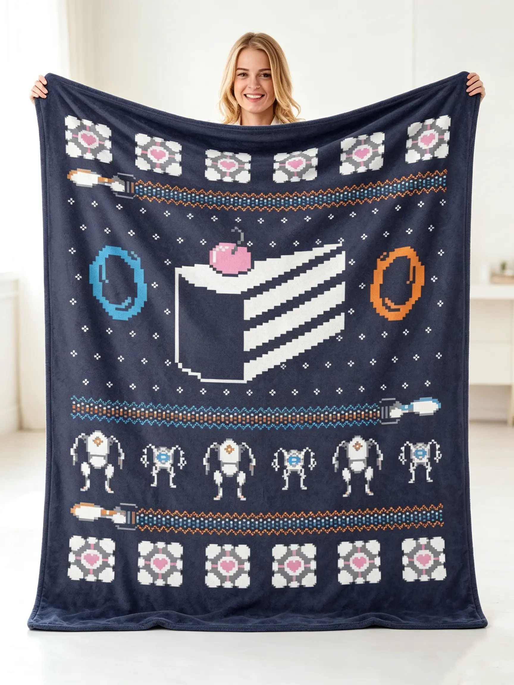 Retro Pixel Sci-Fi Cake & Robot Ugly Sweater Throw Blanket | Dark Navy Pixel Art Decor for Gaming Bedrooms & Nerd Dorms | Whimsical Novelty Gift for Retro Gamers & Sci-Fi Enthusiasts