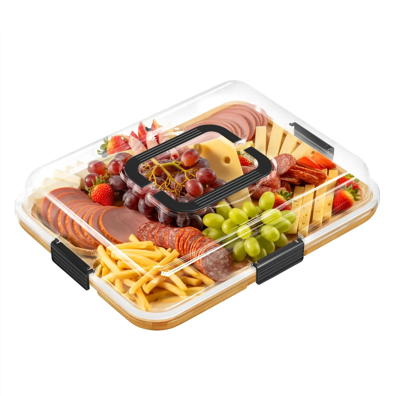 Portable Bamboo Charcuterie Board with Clear Cover - 8-Compartment Serving Tray, Black Handle Snack Board for Picnics, Housewarming Gifts, Cheese & Meat Platter, Appetizers, Holiday Dining - Bamboo,