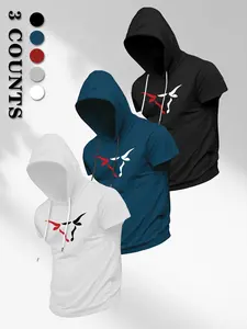 Men's 3-Pack Short Sleeve Hooded Athletic Tops - Bull Logo Compression Hoodies - Quick-Dry Gym & Training Wear