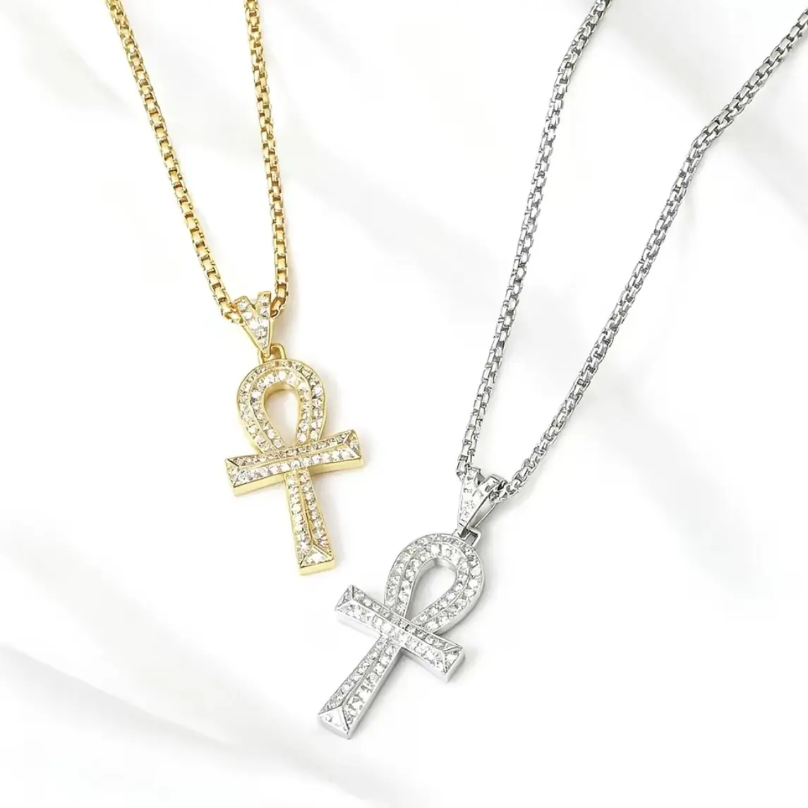 Iced Out Ankh Pendant Necklace for Women, Hip Hop Spiritual Jewelry Fully Paved with Cubic Zirconia, Metal Coated Alloy, 30mm x 15mm