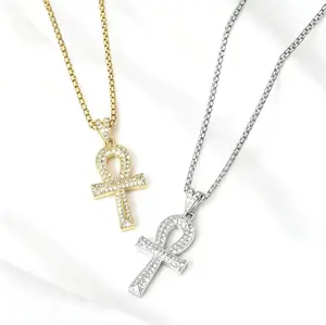 Iced Out Full Zircon Ankh Key Cross Pendant Necklace Hip Hop Unisex Fashion Chain Jewelry