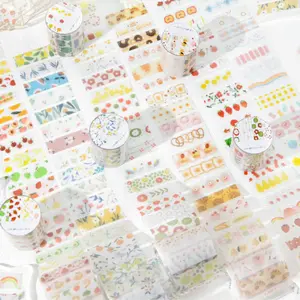 6 rolls 12m simple die cut tape with plant flowers, fruits, bread pattern themes, fresh minimalist style, made wax paper, self adhesive, DIY stationery decoration scrapbook material tape