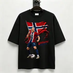 Norway Soccer Cotton Tee T-Shirt with Flag Design and Player Graphic for Erling Haaland Fans