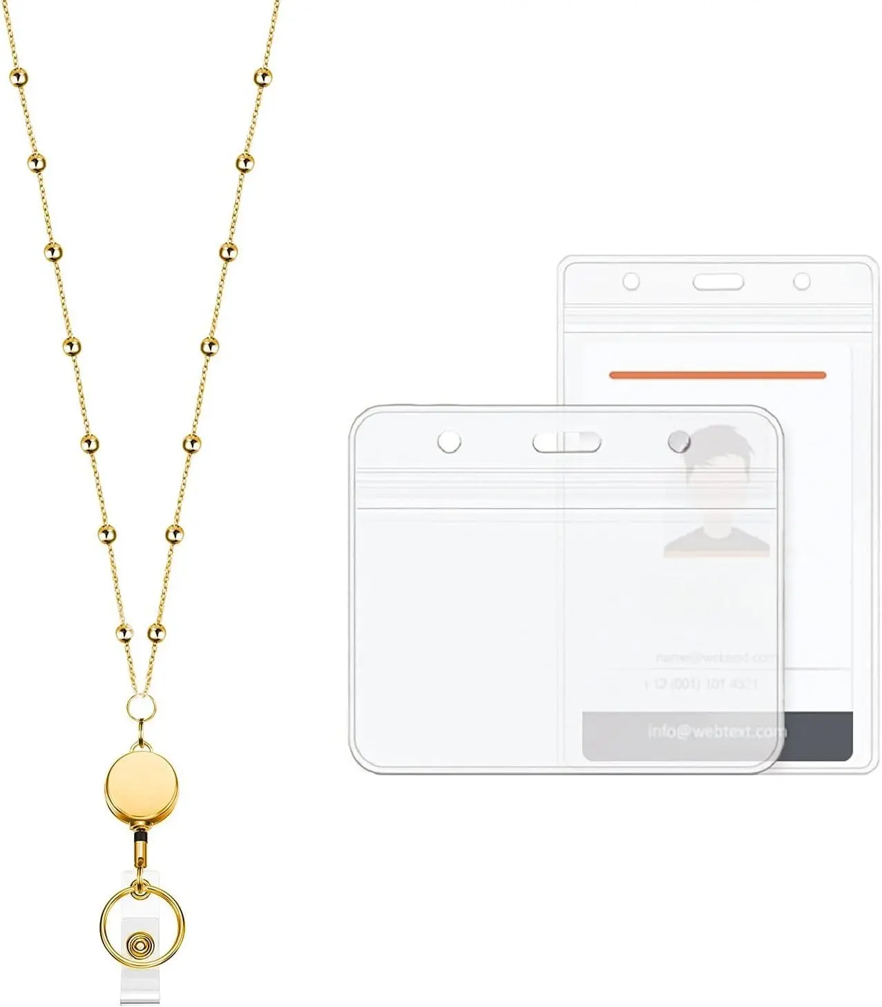 Retractable Badge Reel Lanyard with 2 count ID Holder for Women, Fashion Beaded Chain  Stainless Steel Lanyard Necklace Water Resistant Name Badge Holder ()
