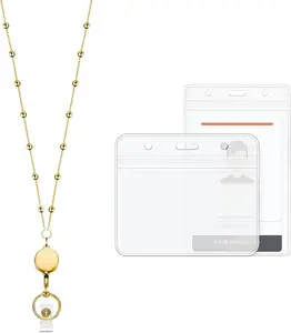 Retractable Badge Reel Lanyard with 2 count ID Holder for Women, Fashion Beaded Chain  Stainless Steel Lanyard Necklace Water Resistant Name Badge Holder ()