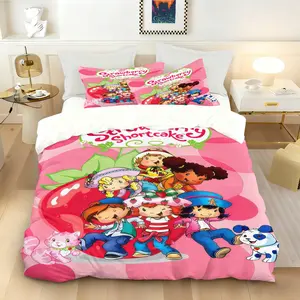 Strawberry Shortcake Bedding Set (2/3-Piece, 1 Duvet Cover + 1-2 Pillowcases, No Comforter or Pillow Inserts Included), Cartoon Character Print, Soft Microfiber, Perfect for Kids' Bedroom Decor, Ideal Gift for Fans