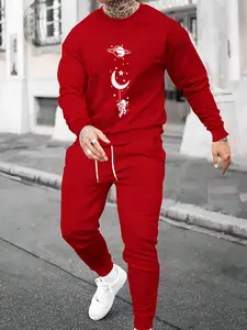 Fashionable and personalized two-piece men's set with long sleeves and pants printed with "Astronaut Moon" daily casual simple round neck long sleeves for spring and autumn wear two-piece printed men's fashionable sportswear