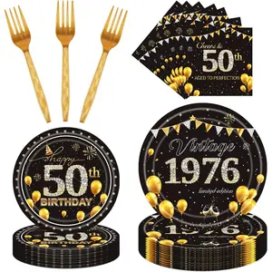 50th Party Tableware Set 96PCS 1976 50th Birthday Decor Supplies Cheers to 50 Years Paper Plate Napkin Fork Vintage Black Gold Bday Party Decor for Men