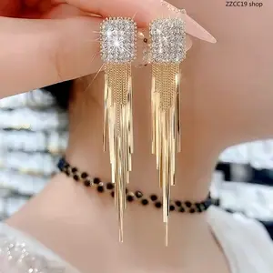 Full Rhinestone Square Tassel Earrings, Long Dangle Drop Earrings Gold Silver Champagne for Women Party Wedding Jewelry