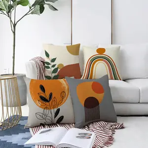 Minimalist Abstract Plant & Geometric Throw Pillow Cover, Multiple Specifications Available, Multi - Color, Soft Warm Tones, Modern Aesthetic, for Home Decor