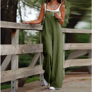 2025 European and American Fashion Casual New Style Women's Pocket Cotton and Linen Casual Sling Jumpsuit Overalls Gray Green