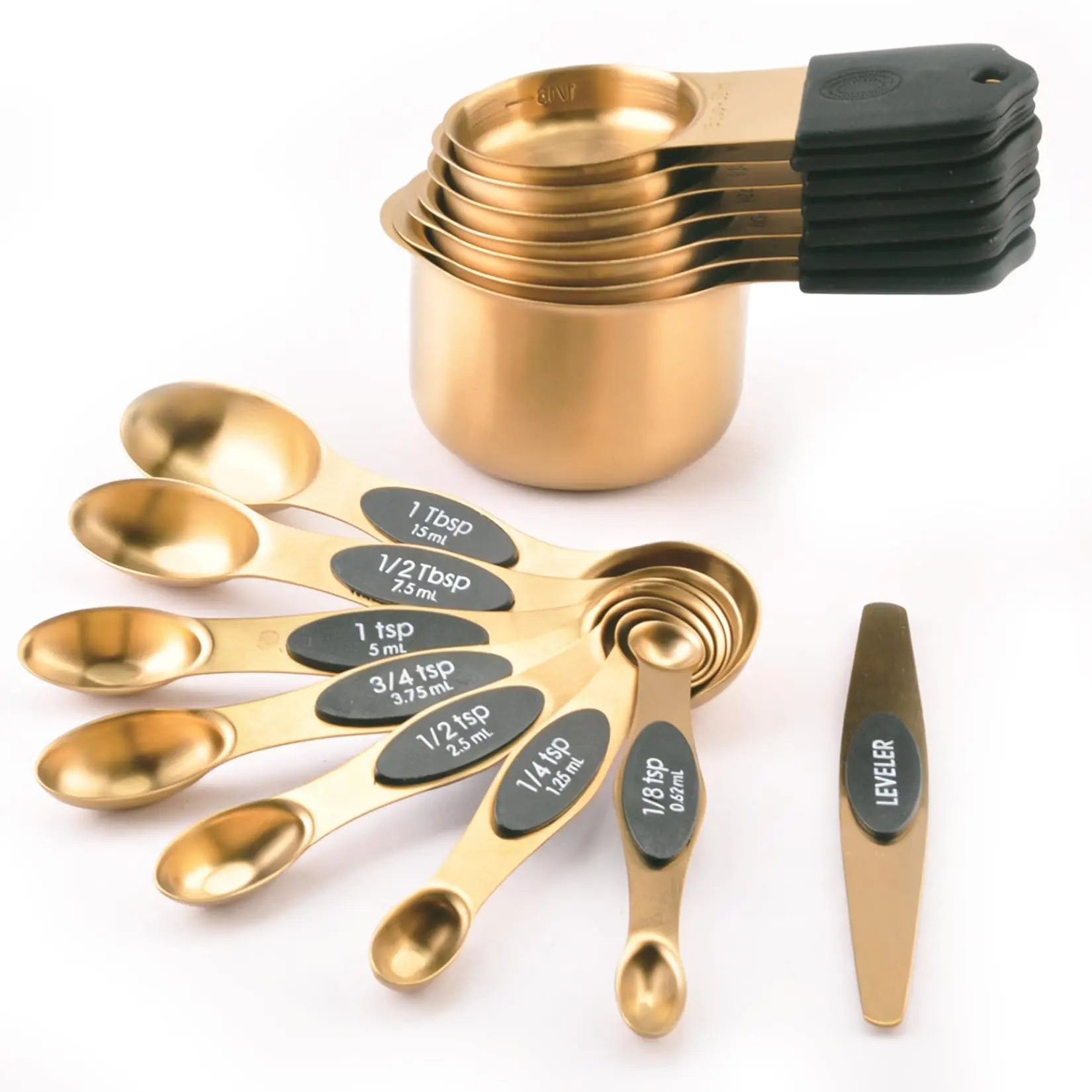 15PCS Gold Plated 304 Stainless Steel Measuring Cup & Spoon Set, Magnetic Silicone Baking Tools, Measuring Stand Included, Precise Scale, Easy Clean & Storage, for Baking & Cooking