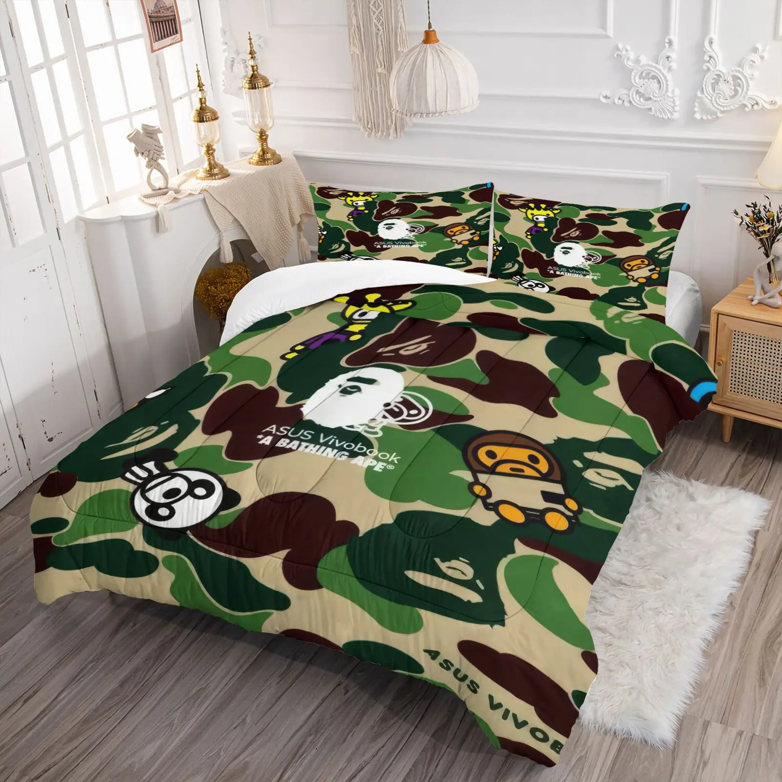 Bape Abc Camo Comforter Set, 1 Comforter and 1-2 Pillowcases Coreless, Classic Brand & Classic Ape Head Logo, Soft Comfortable, Street Style Bedroom Decoration, Gift for Streetwear Enthusiast
