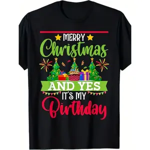 Men's Black Retro Christmas & Birthday T-Shirt - Dual Celebration Holiday Party Outfit with "Merry Christmas & Yes It's My Birthday" Slogan, Colorful Lights & Numbered Banners (Digital Print) - All-Season Casual Wear for Birthdays & Xmas