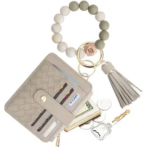 Wristlet keychain credit card holder shielded zipper wallet with beaded tassel