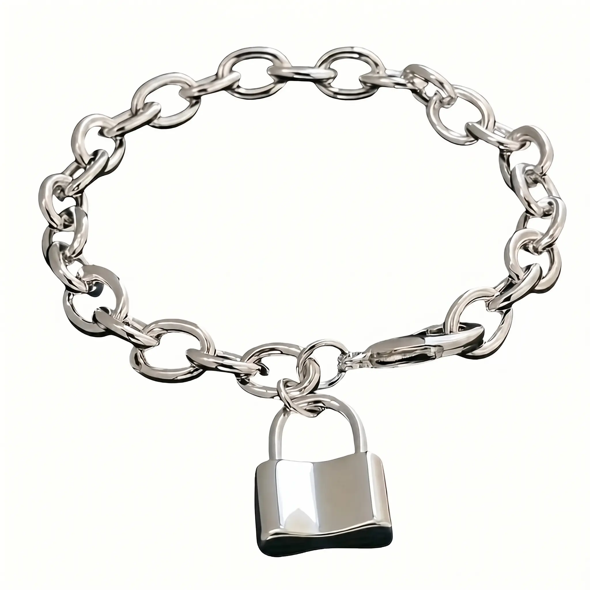 Silver Color Chain Bracelet with Lock Charm for Women's Fashion Accessory  S925