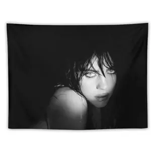 1pc 40x60in Billie Flag Music Album Poster Tapestry - Black & White Portrait Wall Hanging with Pink Accents, 100% Polyester Peach Light Beige Fabric, Horizontal Wall Art for Living Room, Bedroom Decor - Unique Gift for Music Fans