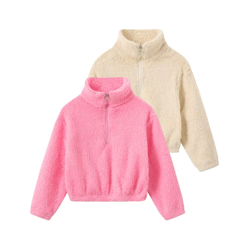 2-Piece Girls Fall & Winter Fleece Sweatshirt , Kids Half Zip Stand Collar Sherpa Pullover Tops, Soft Fluffy Teddy Fleece Long Sleeve Cropped Jacket, Casual Warm Outdoor Streetwear Shirts for Toddler Girls, Little Girls & Youth Girls Daily School Outfits