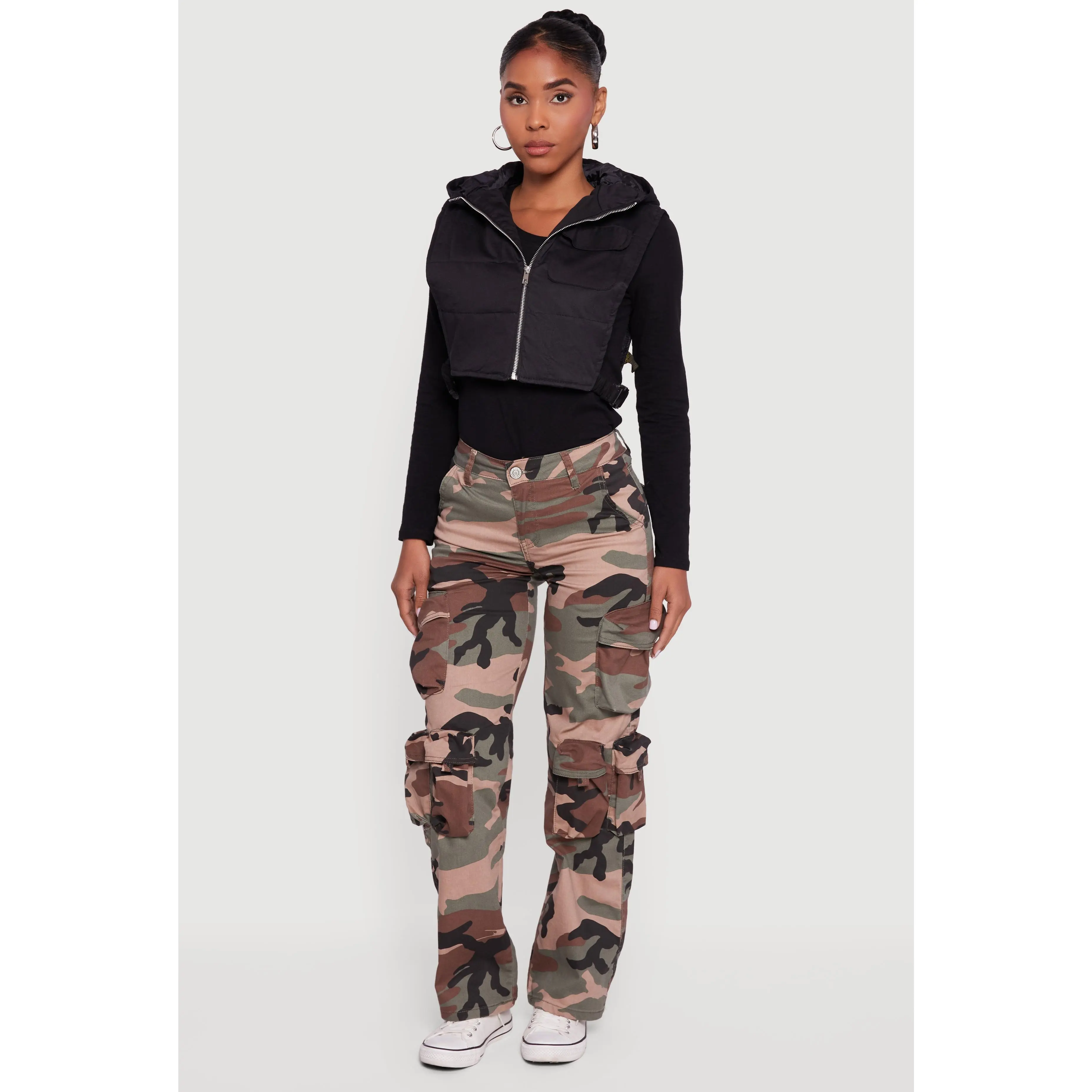 Side Buckle Hooded Zip Front Quilted Vest