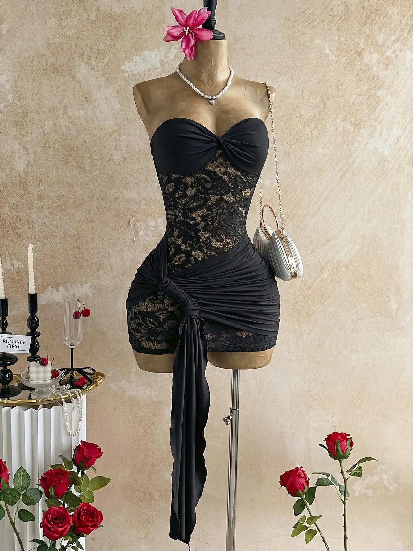 Women’s Black Lace Bodycon Mini Dress – Sheer Twist Bandeau Drawstring Hem Rave Club Party Dress, Boho Summer Vacation Beach Outfit