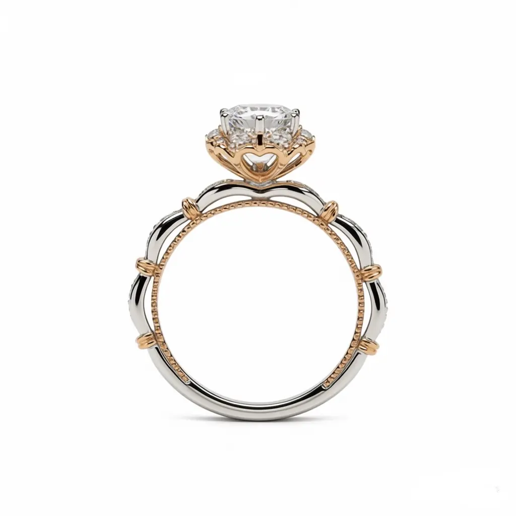 [EVA Jewelry] Flower 925 Sterling Silver Synthetic Moissanite 2-Tone Elegant Engagement Ring