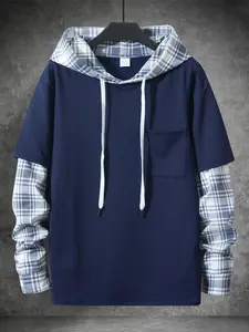 Men's Casual Long Sleeve Patchwork Plaid Sweatshirt, Spring & Fall Fashion, Two-Piece Design, European Style, Outerwear