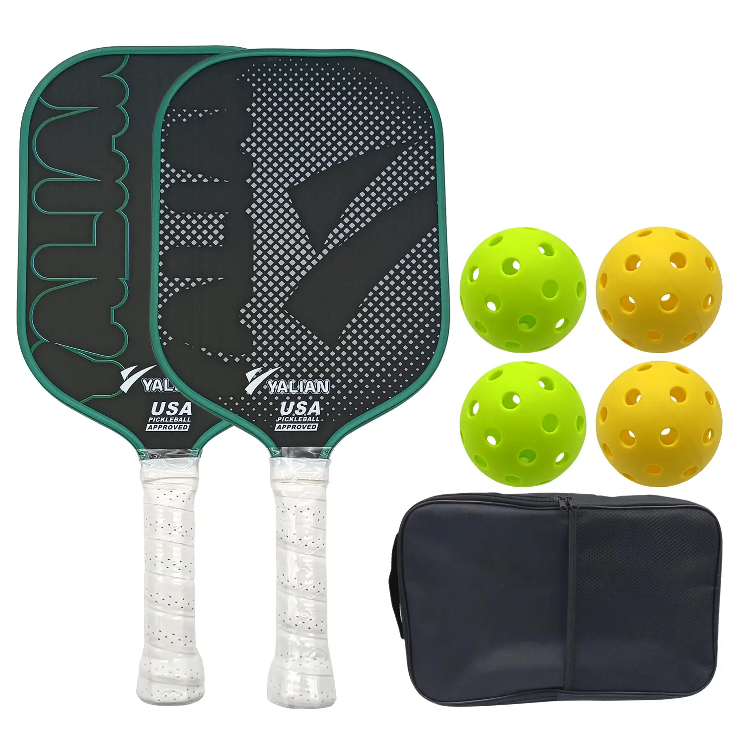 YALIAN Paddle Tennis Racquet Set for Novices, Unisex Graphic Print Fiberglass Rackets, Lightweight and Durable with 4 Balls & Carry Bag, Amateur, Sporting Set, Includes Balls