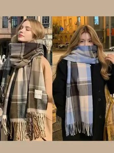 Tassel Shawl Scarf Plaid Faux Wool Texture, Unisex Large Wrap, Fall & Winter Thick Warm, Casual Loose-Fitting Outerwear