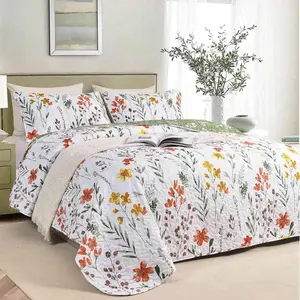 Set Queen Full Size 3 Pcs, White Floral Green Yellow Flower Leaf Bedspreads, Soft Lightweight Coverlet Bed Spreads, Farmhouse Thin Quilted Comforter Bedding Sets for Men 90x90