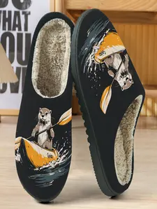 Cute Kayaking Otter Cotton Slippers, Base with Dynamic Scene, Block, Soft Plush Lining, Casual Home Wear