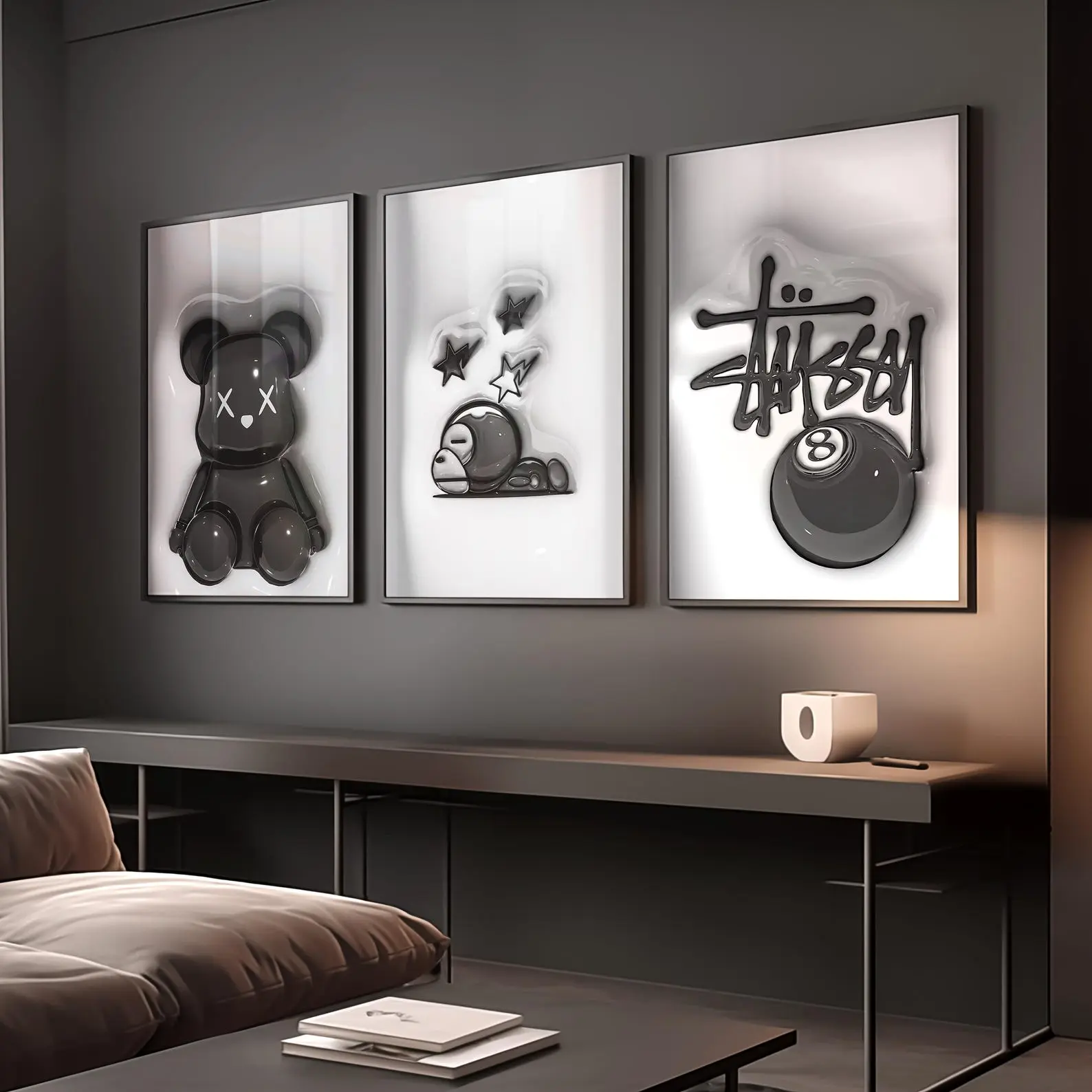 Set Of 3 HypeBeast Room Decor, Hypebast kaws Poster, Cool Wall Art Set,, 3D Wall Art Bundle, HypeBeast Wall Art, Trendy Wall Art,